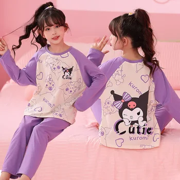 Kawaii Sanrio Kuromi Algodão Crianças Pijama Bonito Cinnamoroll Minha Melodia Casual Solta em torno do Pescoço Moda Outono Menina Homewear Conjunto
