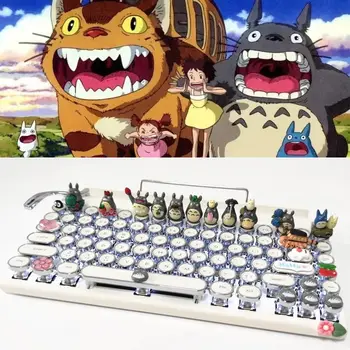 Manual de Anime Totoro máquina de escrever Mecânica Teclado chave Azul Hot-plug Bluetooth sem Fio Dual-mode Luz Branca Por Telefone Ipad