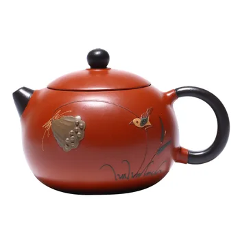 Yixing Bule de barro roxo xishi Bule de chá de sementes de Lótus pintado de vermelho barro chaleira Mestre artesanal de Chá de panela cerimônia de suprimentos 250ml